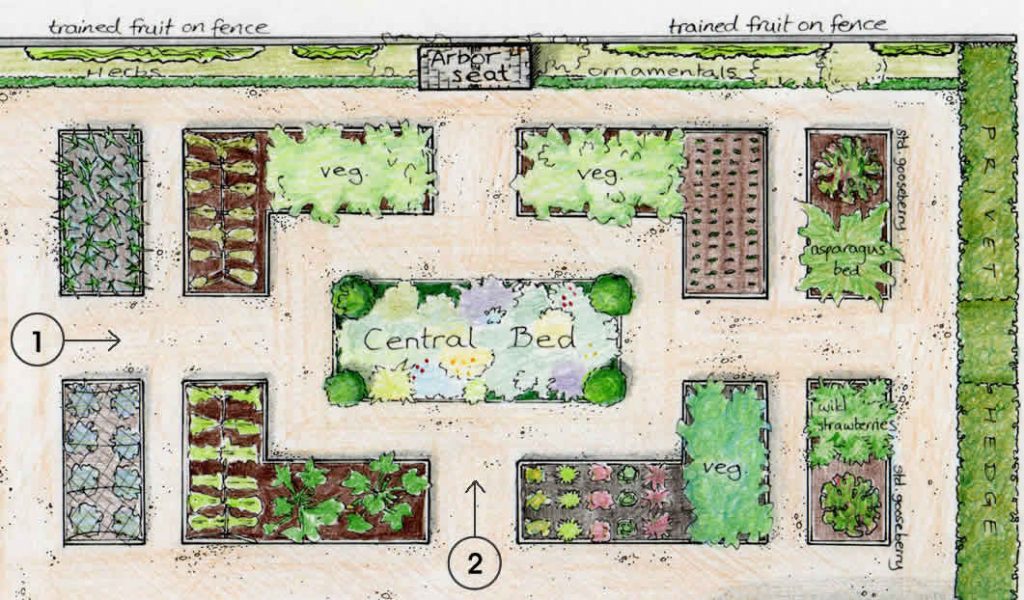 vegitable and raspberry garden layout planner with pond in middle